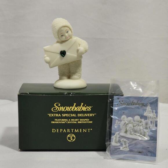 Vintage Dept 56 Snowbabies " Extra Special Delivery " Heart Jewel May Emerald - Picture 2 of 7